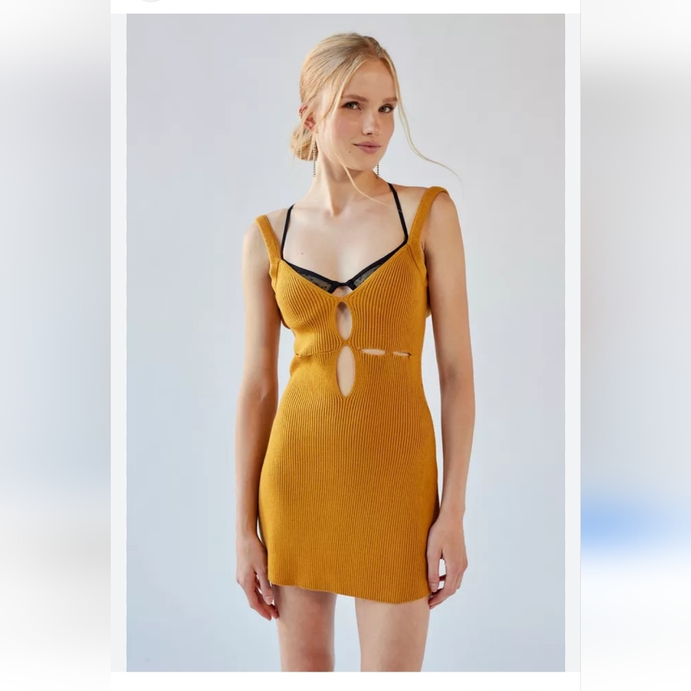 For Love And Lemons Maggie Ribbed Knit Mini Dress Sz S Mustard